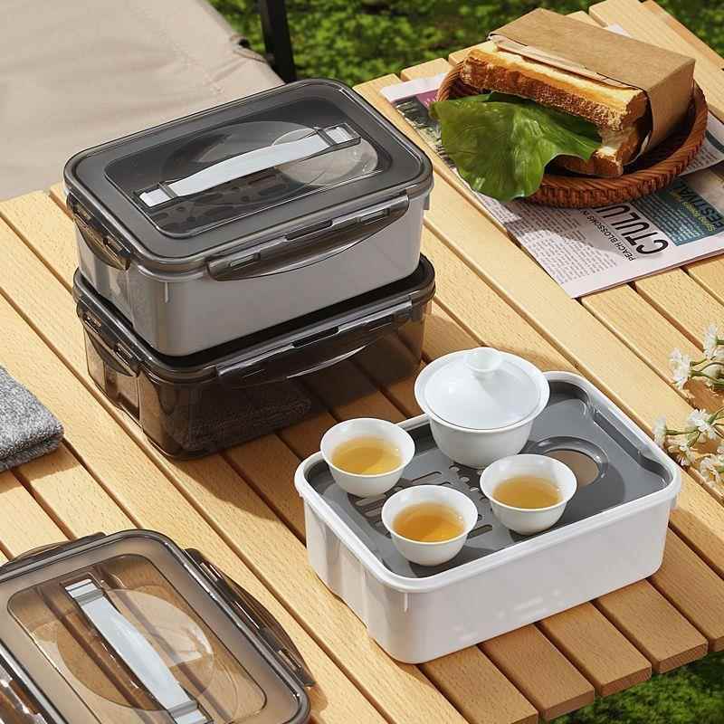 Plastic Kung Fu tea set, construction site tea tray, portable one pot, three cups of tea, travel tea tray, car tea tray storage