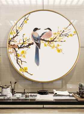 喜上眉梢 喜鹊登梅挂画 入户玄关圆形 梅花装饰画 饭厅新中式国风
