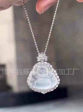 新款冰种玉髓香槟金镀银佛公吊坠白玛瑙富贵感国风绿顶珠大肚佛