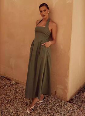 Women's Summer Fashion Wide Strap Backless Dress, Elegant Ha