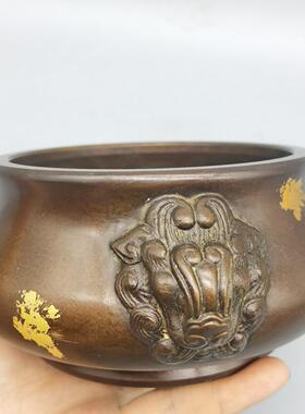 仿古铜点金大兽耳炉家居客厅摆件黄铜熏香炉铜香炉摆设工艺品