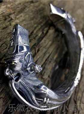 新款男纯款霸气黑白无常开爷口手镯S925银七爷一见下生财八天太平