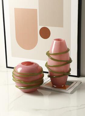 现代 ins风创意绿线粉色玻璃花瓶别墅客厅餐桌插花高级感家居摆件