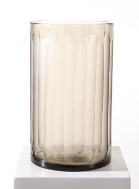 轻奢竖条纹琥珀玻璃花瓶渐层烟茶色花器玻璃烛杯客厅玄关软装摆件