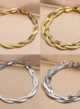 欧美个性编织保色百搭钛钢双层叠戴项链女ins素链蛇骨链刀片链锁