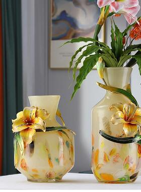 琥珀花点设计感玻璃花瓶插花客厅餐桌摆件彩色轻奢珐琅彩装饰花瓶