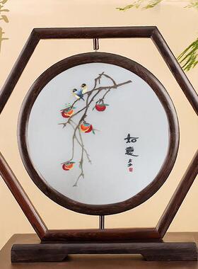苏绣桌面屏风创意刺绣摆件中国风中式家居红木台屏手工双面绣摆台