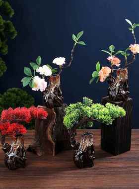 瓷树根干冰小壶意境摆件酒店餐厅冷菜品摆盘装饰仿真花草刺身拼盘