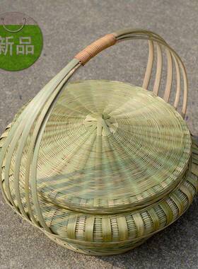 竹编手提篮带盖子加厚头层竹皮提手篮竹制品拜神篮影视道具采摘篮
