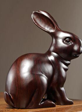 乌木雕刻兔饰品雕刻家客厅入口木制动物生肖兔子装饰饰品工艺品
