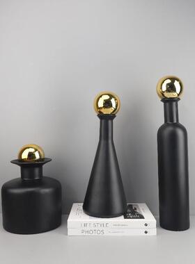 北欧简约哑光黑花瓶金属球盖摆件客厅卧室玄关酒店书房家居装饰品