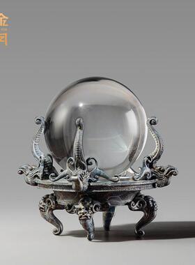 铜艺坊四龙鼎龙盘嵌珠复古托盘黄铜器雕塑客厅玄关角几铜装饰摆件