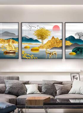 轻奢福鹿山水客厅装饰画沙发背景墙发财树山水抽象三联挂画寓意好