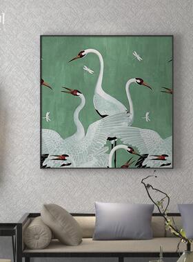 新中式装饰画茶室书房客厅背景墙入户玄关壁画绿色仙鹤图方形挂画