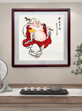 手绘大肚弥勒佛国画 菩萨挂画 知足常乐字画书房茶室背景墙装饰画