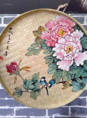 手绘簸箕画墙壁画竹编制品春夏秋冬挂件火锅田园风装饰乡村振兴画