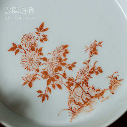 云隐造物 仿古釉手绘壶承小号盖碗托淋壶盘青釉菊花壶托盘 - 图1