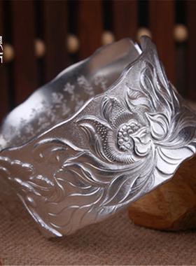 正品荷花手镯手工经手镯浮雕莲花手镯999足银雪心花银纯银手子镯