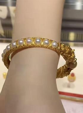 古法黄金色手镯故宫双凤戏珠镯子转运珠复古宫廷风手环新年礼物