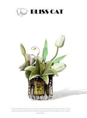 现代轻奢琥珀色玻璃小花瓶插花客厅茶几洽谈桌小桌花软装花艺摆件