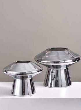 欧式个性干花插花瓶轻奢简约客厅造型摆件餐桌玻璃现代金属色蘑菇