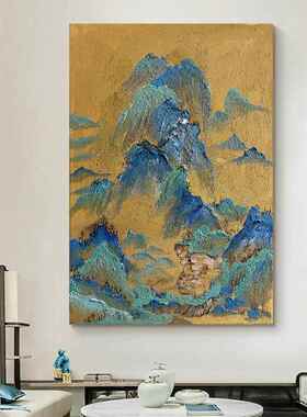 网红纯手关油画厅客千里江肌图装玄石山英砂岩理挂画竖绘版别墅饰