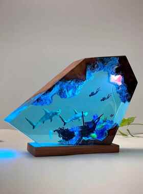 海洋风双髻鲨潜水员灯环氧树脂木艺灯仿古家居装饰礼品