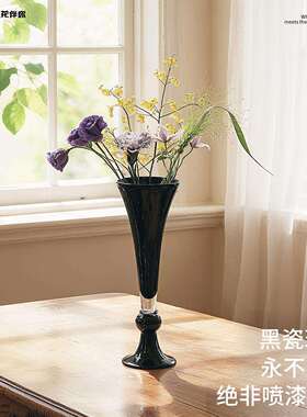 重工法式高级纯黑瓷色高脚中古风复古花瓶纯手工插花器摆件风灯