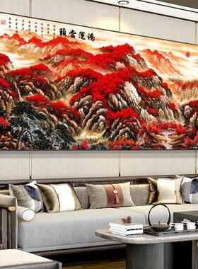 鸿运当头国画 画满山红风景靠山图办公室背景墙山水挂画 画客厅装