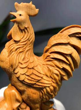 木雕黄木鸡摆件风木雕刻实公工艺品杨十二生肖鸡鸡摆设