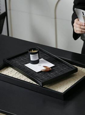 现代家居商务皮革首饰收纳盒托盘样板间样品屋展示中心书房纸巾盒