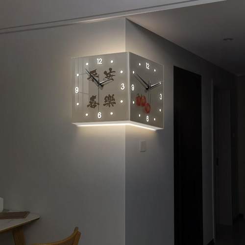 平安喜乐双面拐角挂钟客厅免打孔静音创意时钟壁灯画转角钟表挂墙 - 图2