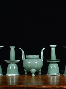 高档陶瓷五供摆件大号佛堂供奉香炉烛台花瓶龙泉青瓷中式寺庙供佛