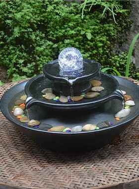 高档欧式蓝色陶瓷喷水流水器泉家客居厅柜台桌面水景晶球室内装饰