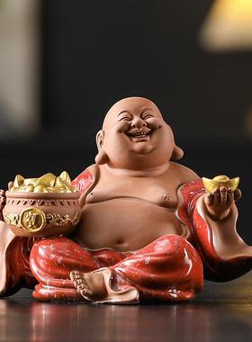 正品陶瓷弥佛摆件财招大肚笑佛家勒客厅酒柜办公居室桌面装饰品工