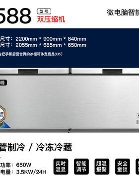 917L大容量卧式冷柜冰箱冰柜商用双门冷藏冷冻柜银色法式一级能效