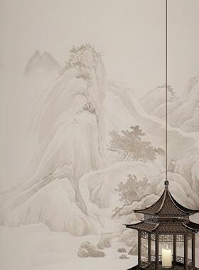 溪山清远图中式复古山水玄关装饰画茶室背景墙面客厅柜子贴纸定制