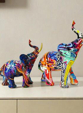 新款直销涂鸦炫彩大象摆件创意树脂工艺品家居玄关大号桌面艺术品