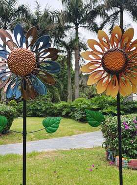 新款直销户外庭院铁艺向日葵风车花园装饰别墅创意摆件落地风车绿