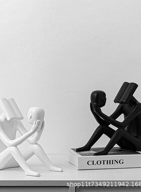 现代北欧坐姿人物看书摆件软装样板间售楼部黑白人雕塑家居装饰品