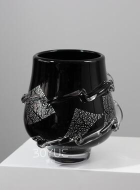 轻奢现代极简黑色玻璃花瓶样板间售楼处客厅餐厅黑色缠丝插花器皿