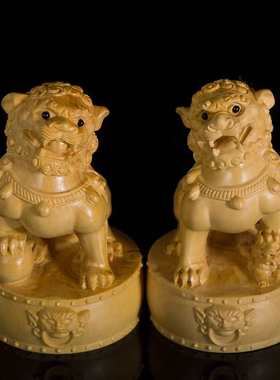 黄杨木雕工艺品摆件客厅盘玩手把件醒狮文玩送礼家居装饰品对狮