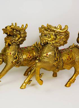 黄铜火麒麟摆件一对 钻石麒麟 铜器工艺品