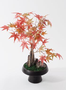 新中式禅意样板房软装饰品售楼处玄关仿真花艺红枫树山石盆景摆件