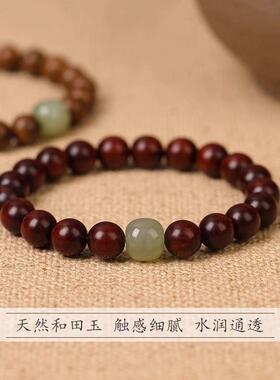 天然小叶紫檀手串男士女情侣款黑檀木质佛珠金丝檀手链和田玉顶珠