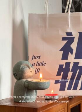 「无聊瞭 深夜让点亮烛火的小和尚陪你」禅意装饰桌面小摆件礼物