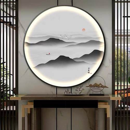 水墨山水圆形玄关装饰画新中式书房氛围灯画意境风景禅意茶室挂画 - 图0