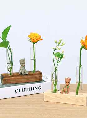 简约木头试管玻璃植物容器鲜花绿植花插花器家庭园艺桌面摆件花瓶