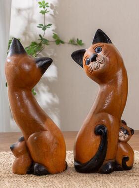 木雕摆件小猫咪实木头雕刻礼品家居装饰客厅办公工艺品