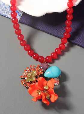 跨境夸张复古个性潮流重工合金树脂花卉花朵吊坠百搭宴会女项链